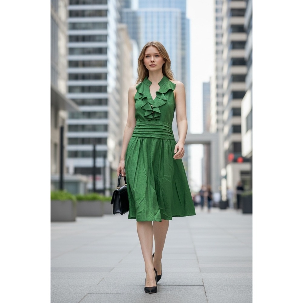 Gianni Bini Green Ruffle V-Neck Fit & Flare Dress Sleeveless Jacquard Size 6